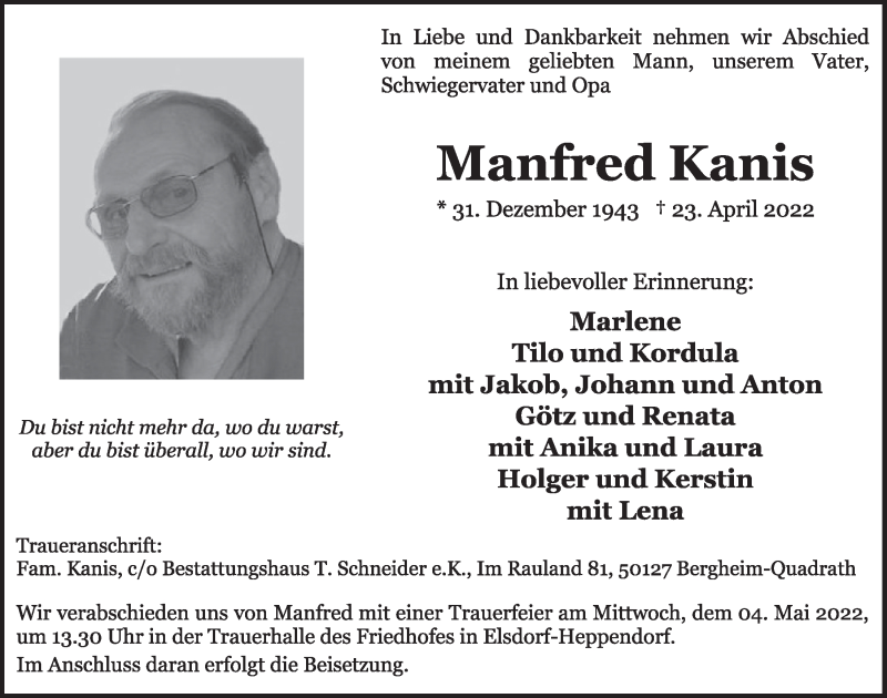  Traueranzeige für Manfred Kanis vom 29.04.2022 aus  Werbepost 