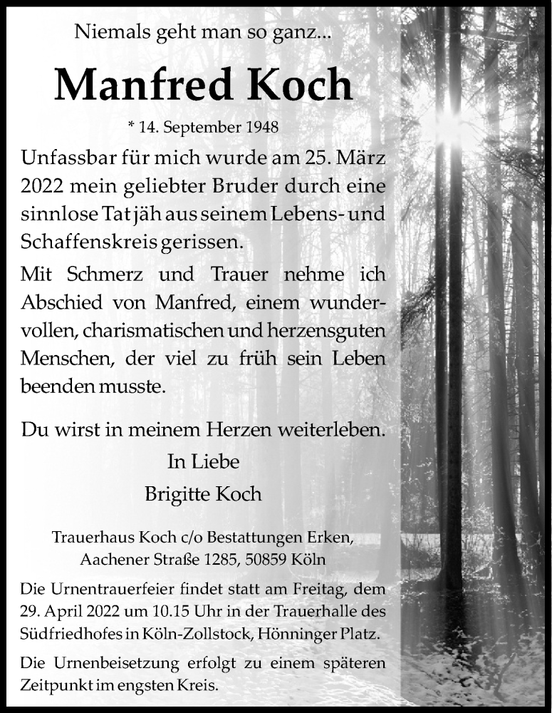  Traueranzeige für Manfred Koch vom 23.04.2022 aus Kölner Stadt-Anzeiger / Kölnische Rundschau / Express