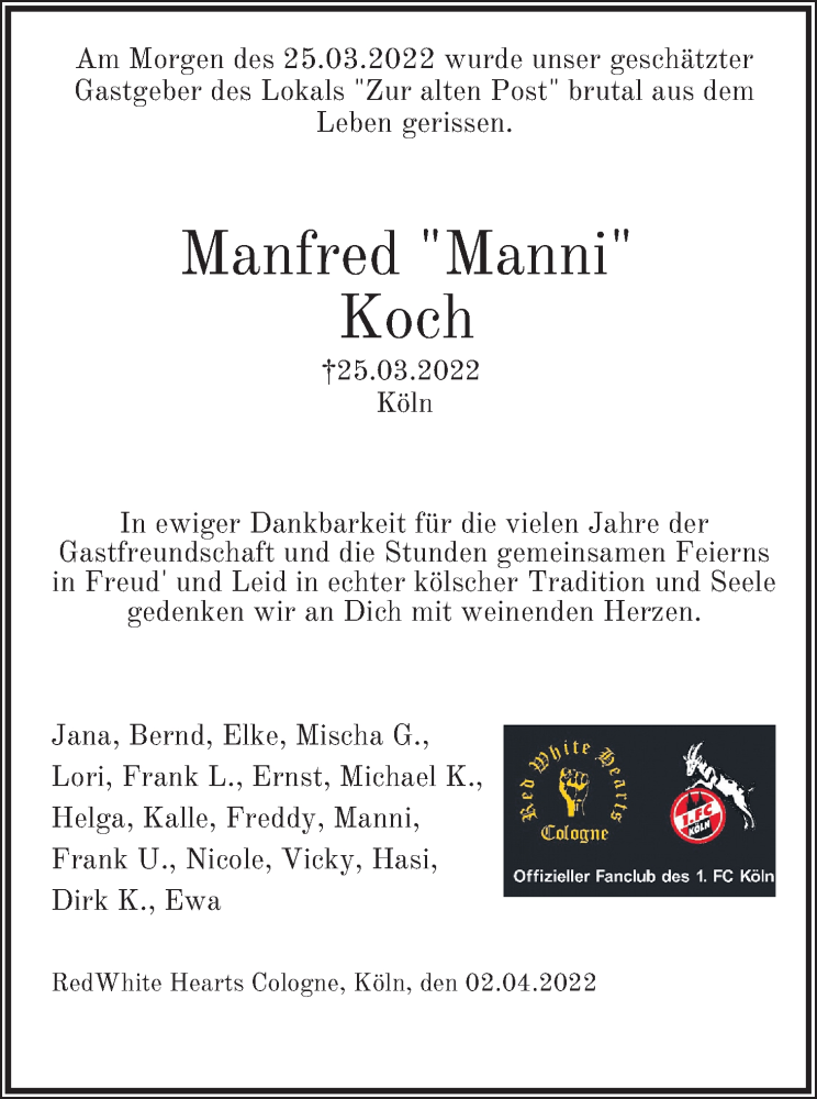  Traueranzeige für Manfred Koch vom 09.04.2022 aus Kölner Stadt-Anzeiger / Kölnische Rundschau / Express