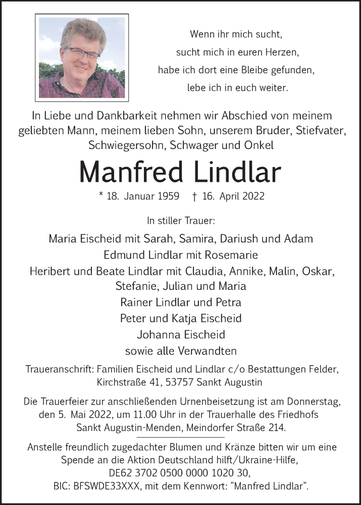  Traueranzeige für Manfred Lindlar vom 30.04.2022 aus Kölner Stadt-Anzeiger / Kölnische Rundschau / Express