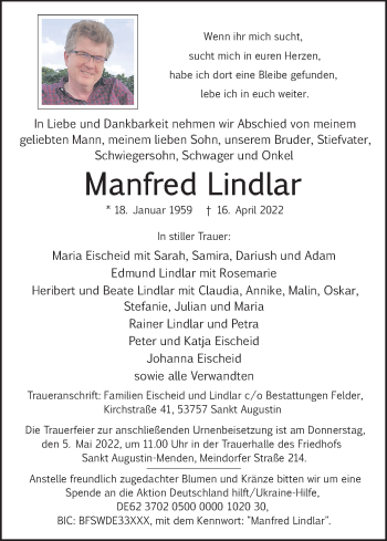 Anzeige von Manfred Lindlar von Kölner Stadt-Anzeiger / Kölnische Rundschau / Express