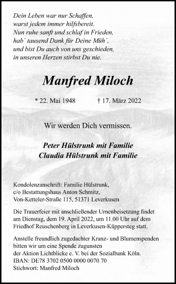 Anzeige von Manfred Miloch von Kölner Stadt-Anzeiger / Kölnische Rundschau / Express