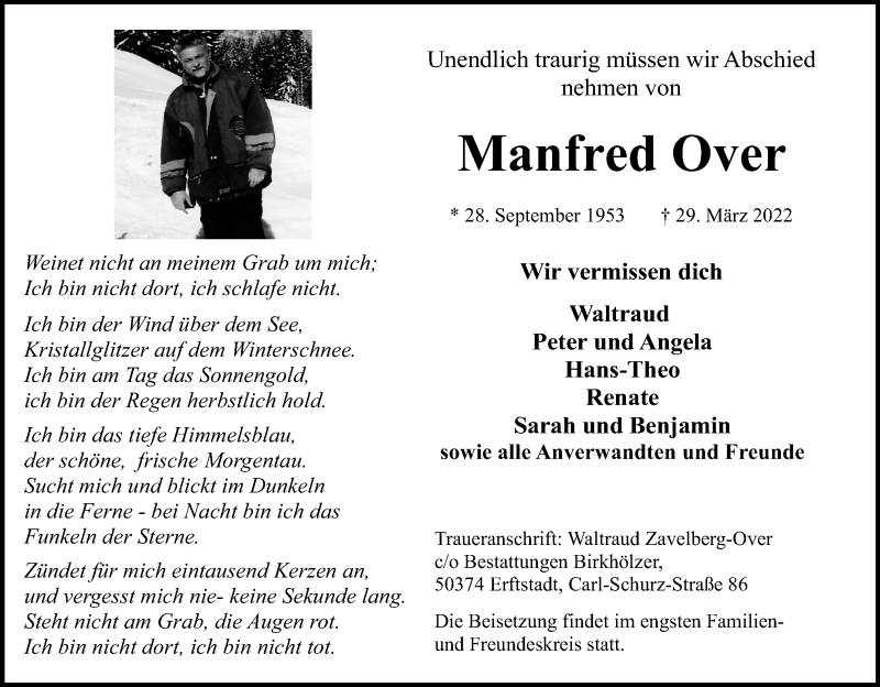 Traueranzeige für Manfred Over vom 09.04.2022 aus Kölner Stadt-Anzeiger / Kölnische Rundschau / Express