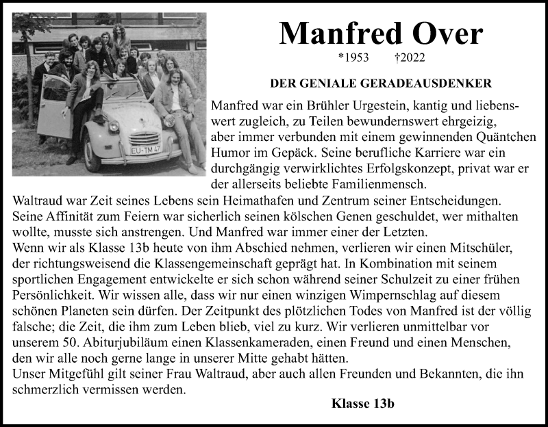  Traueranzeige für Manfred Over vom 09.04.2022 aus Kölner Stadt-Anzeiger / Kölnische Rundschau / Express