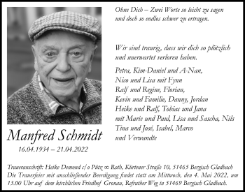 Anzeige von Manfred Schmidt von  Bergisches Handelsblatt 