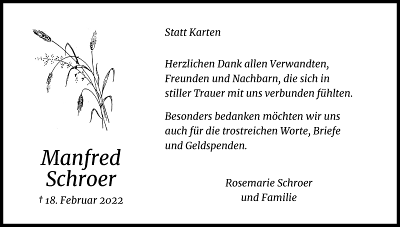 Traueranzeige für Manfred Schroer vom 23.04.2022 aus Kölner Stadt-Anzeiger / Kölnische Rundschau / Express