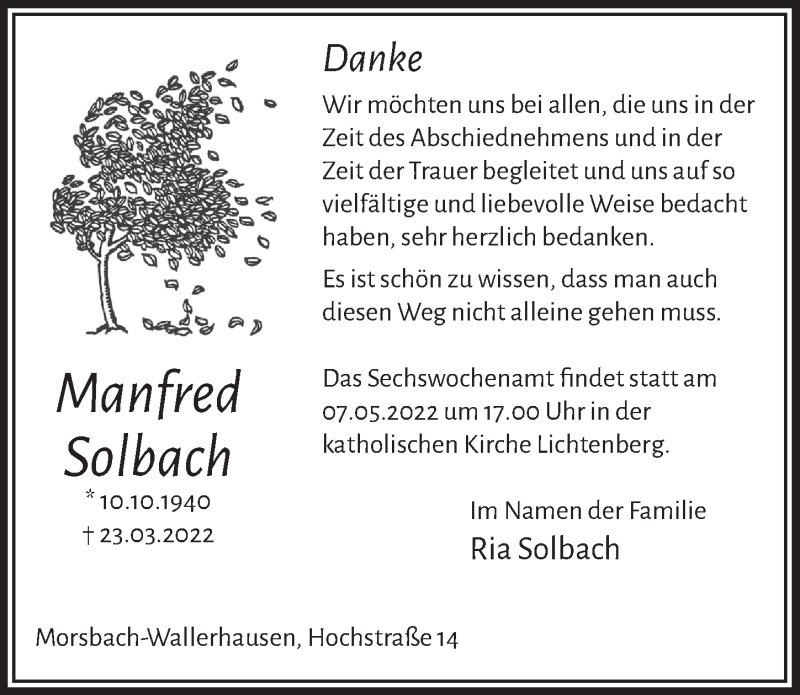  Traueranzeige für Manfred Solbach vom 29.04.2022 aus  Lokalanzeiger 