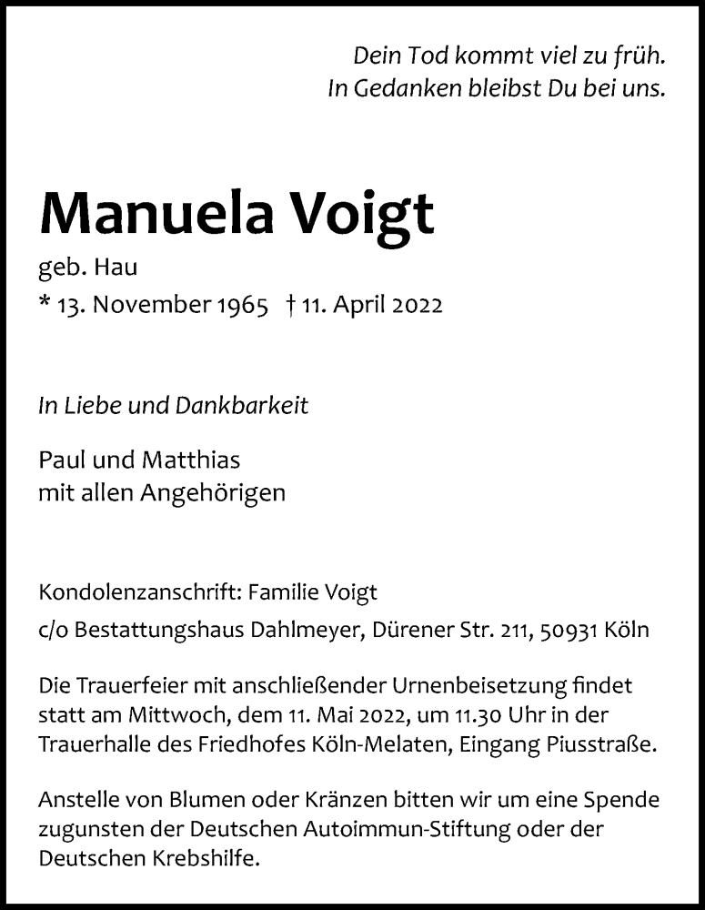  Traueranzeige für Manuela Voigt vom 30.04.2022 aus Kölner Stadt-Anzeiger / Kölnische Rundschau / Express