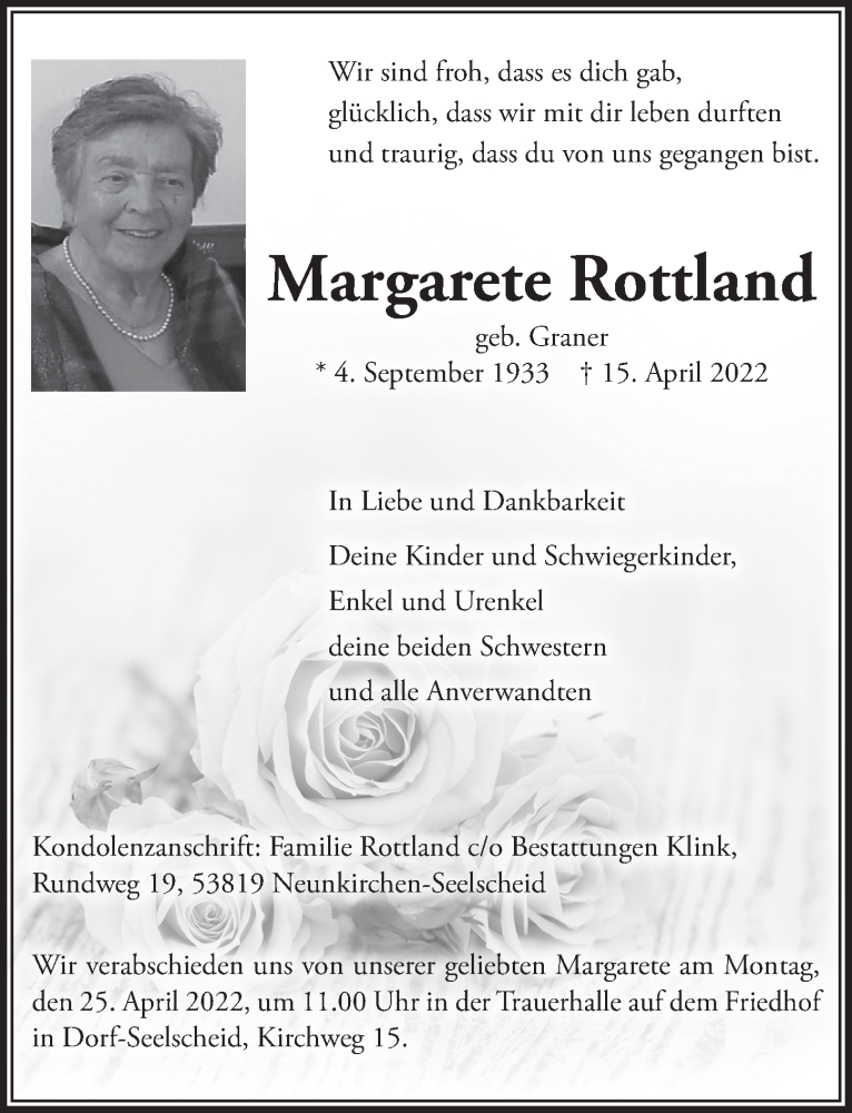  Traueranzeige für Margarete Rottland vom 22.04.2022 aus  Extra Blatt 