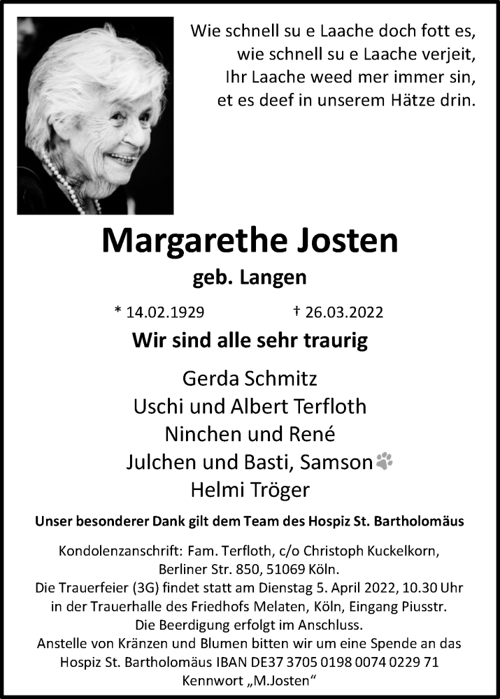  Traueranzeige für Margarethe Josten vom 02.04.2022 aus Kölner Stadt-Anzeiger / Kölnische Rundschau / Express