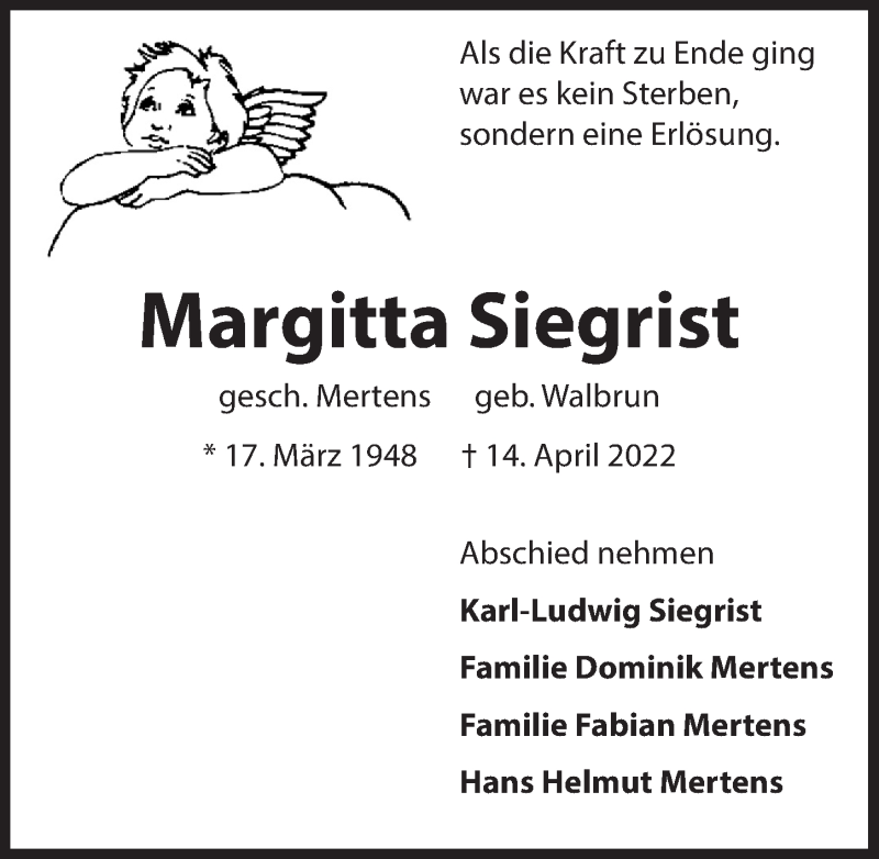  Traueranzeige für Margitta Siegrist vom 29.04.2022 aus  Anzeigen Echo 