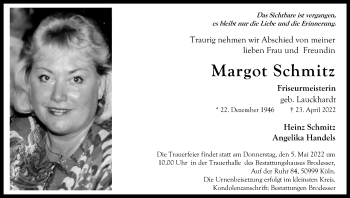 Anzeige von Margot Schmitz von Kölner Stadt-Anzeiger / Kölnische Rundschau / Express