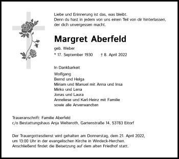 Anzeige von Margret Aberfeld von Kölner Stadt-Anzeiger / Kölnische Rundschau / Express