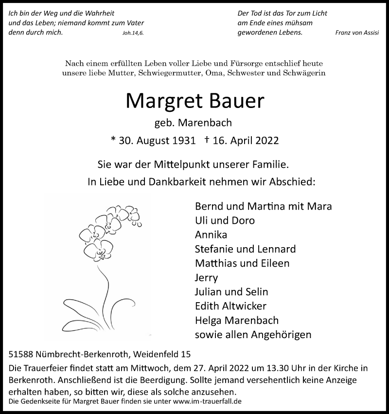  Traueranzeige für Margret Bauer vom 23.04.2022 aus Kölner Stadt-Anzeiger / Kölnische Rundschau / Express