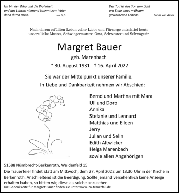 Anzeige von Margret Bauer von  Lokalanzeiger 