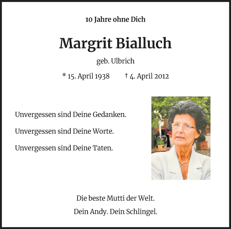  Traueranzeige für Margrit Bialluch vom 02.04.2022 aus Kölner Stadt-Anzeiger / Kölnische Rundschau / Express