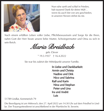 Anzeige von Maria Breidbach von Kölner Stadt-Anzeiger / Kölnische Rundschau / Express