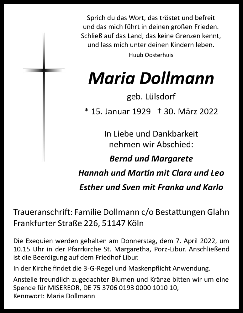  Traueranzeige für Maria Dollmann vom 02.04.2022 aus Kölner Stadt-Anzeiger / Kölnische Rundschau / Express