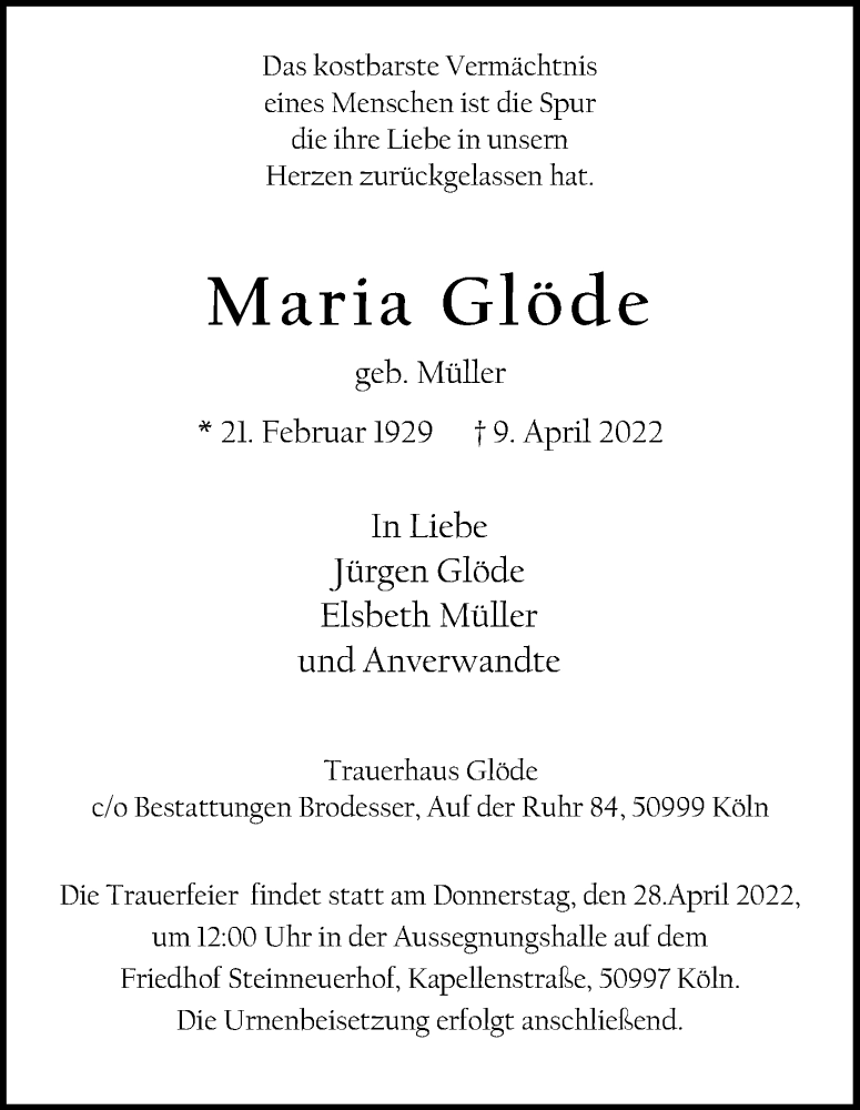  Traueranzeige für Maria Glöde vom 23.04.2022 aus Kölner Stadt-Anzeiger / Kölnische Rundschau / Express