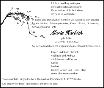Anzeige von Maria Harbich von Kölner Stadt-Anzeiger / Kölnische Rundschau / Express