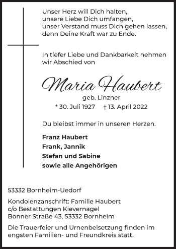 Anzeige von Maria Haubert von  Schaufenster/Blickpunkt 