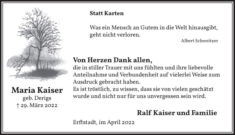  Traueranzeige für Maria Kaiser vom 14.04.2022 aus  Werbepost 