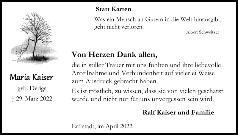  Traueranzeige für Maria Kaiser vom 16.04.2022 aus Kölner Stadt-Anzeiger / Kölnische Rundschau / Express