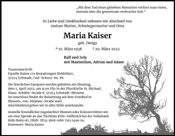 Anzeige von Maria Kaiser von Kölner Stadt-Anzeiger / Kölnische Rundschau / Express