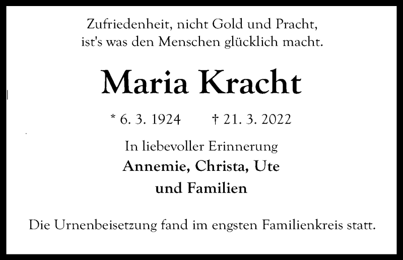  Traueranzeige für Maria Kracht vom 23.04.2022 aus Kölner Stadt-Anzeiger / Kölnische Rundschau / Express