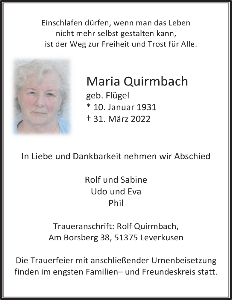  Traueranzeige für Maria Quirmbach vom 09.04.2022 aus Kölner Stadt-Anzeiger / Kölnische Rundschau / Express
