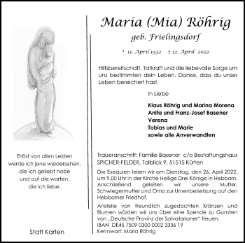 Anzeige von Maria Röhrig von Kölner Stadt-Anzeiger / Kölnische Rundschau / Express