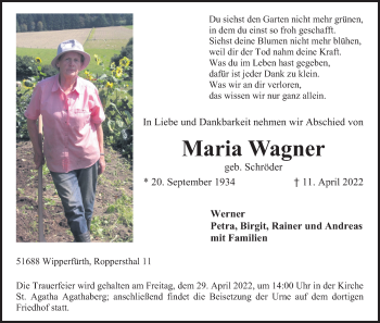 Anzeige von Maria Wagner von Kölner Stadt-Anzeiger / Kölnische Rundschau / Express
