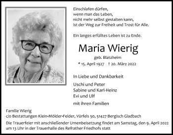 Anzeige von Maria Wierig von Kölner Stadt-Anzeiger / Kölnische Rundschau / Express