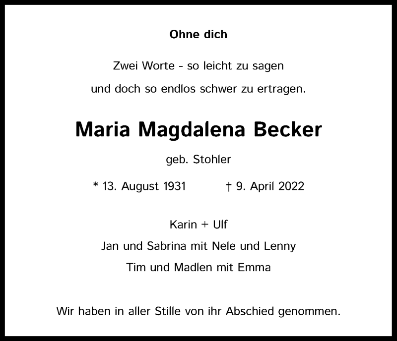  Traueranzeige für Maria Magdalena Becker vom 23.04.2022 aus Kölner Stadt-Anzeiger / Kölnische Rundschau / Express