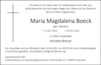 Anzeige von Maria Magdalena Boeck von  Blickpunkt Euskirchen 
