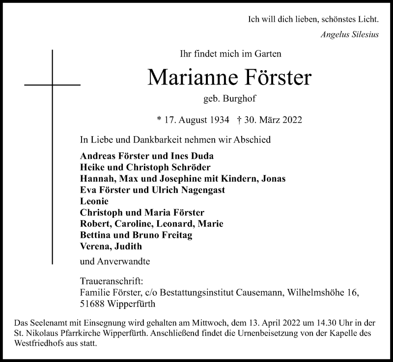  Traueranzeige für Marianne Förster vom 09.04.2022 aus Kölner Stadt-Anzeiger / Kölnische Rundschau / Express