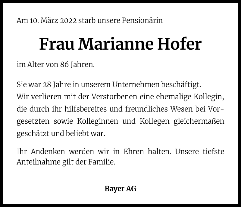  Traueranzeige für Marianne Hofer vom 02.04.2022 aus Kölner Stadt-Anzeiger / Kölnische Rundschau / Express