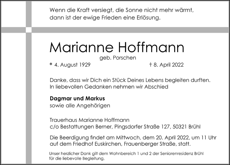  Traueranzeige für Marianne Hoffmann vom 14.04.2022 aus  Werbepost 