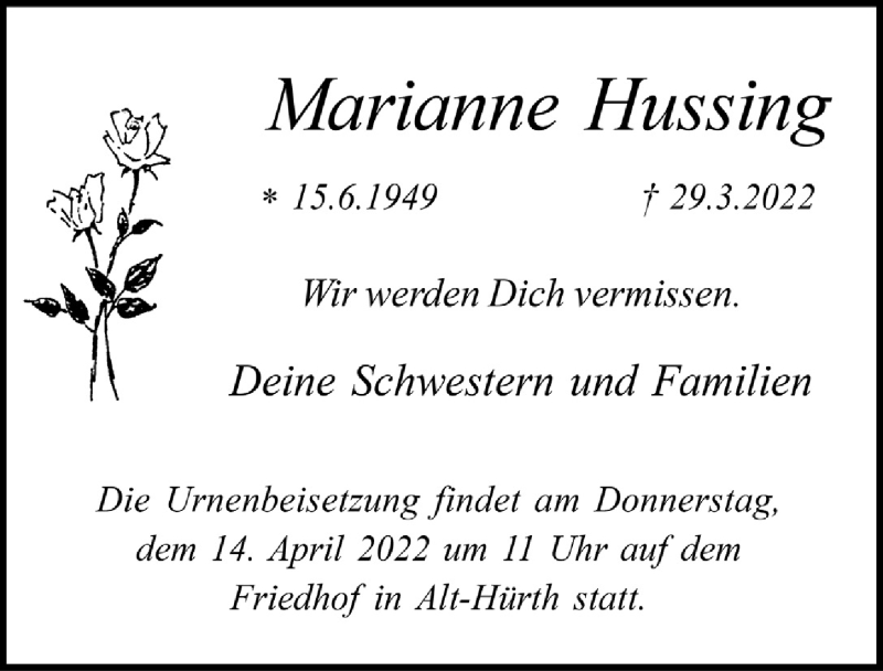  Traueranzeige für Marianne Hussing vom 08.04.2022 aus  Schlossbote/Werbekurier 