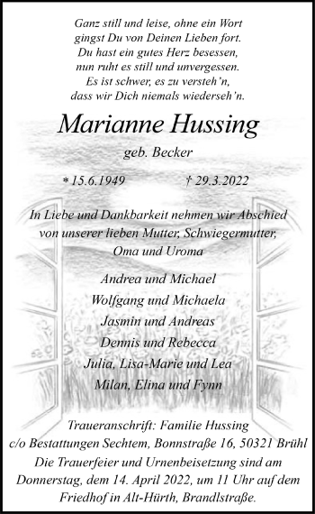 Anzeige von Marianne Hussing von  Wochenende  Schlossbote/Werbekurier 