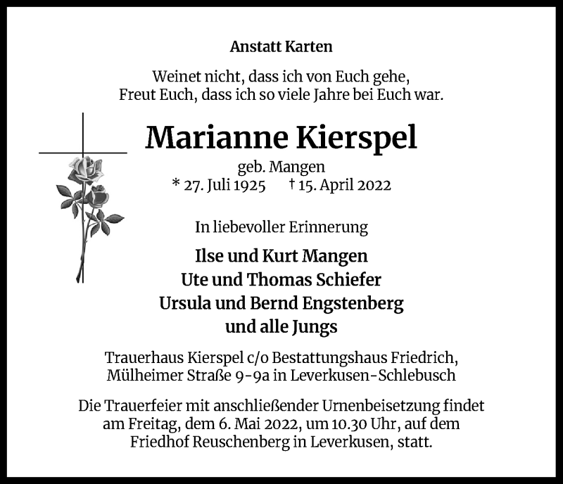  Traueranzeige für Marianne Kierspel vom 30.04.2022 aus Kölner Stadt-Anzeiger / Kölnische Rundschau / Express