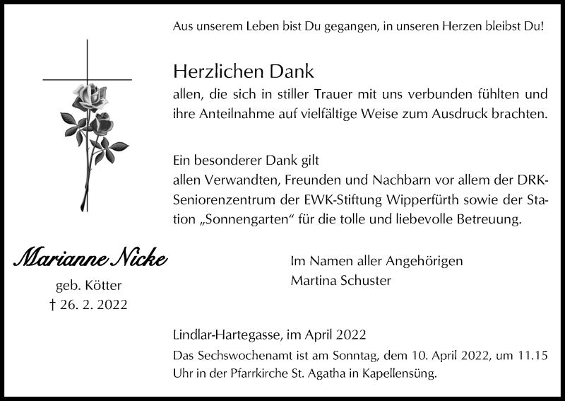  Traueranzeige für Marianne Nicke vom 02.04.2022 aus Kölner Stadt-Anzeiger / Kölnische Rundschau / Express