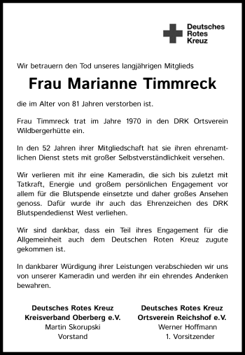 Anzeige von Marianne Timmreck von Kölner Stadt-Anzeiger / Kölnische Rundschau / Express