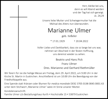 Anzeige von Marianne Ulmer von Kölner Stadt-Anzeiger / Kölnische Rundschau / Express