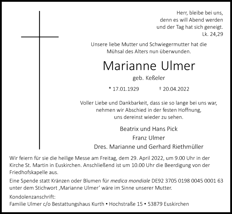  Traueranzeige für Marianne Ulmer vom 26.04.2022 aus Kölner Stadt-Anzeiger / Kölnische Rundschau / Express