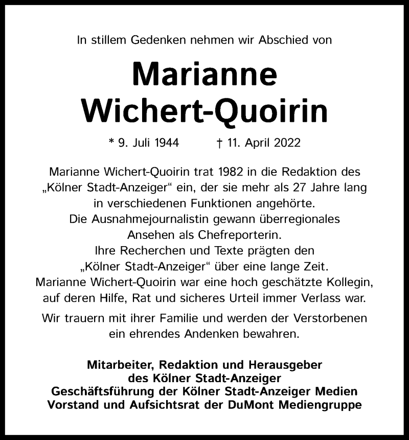  Traueranzeige für Marianne Wichert-Quoirin vom 27.04.2022 aus Kölner Stadt-Anzeiger / Kölnische Rundschau / Express