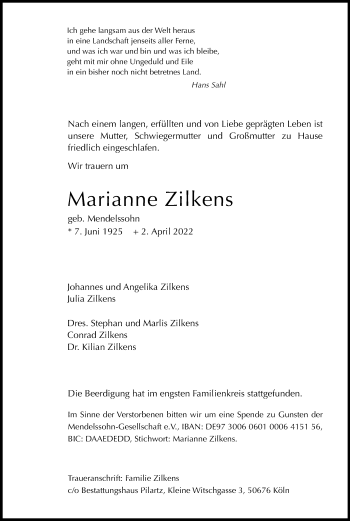 Anzeige von Marianne Zilkens von Kölner Stadt-Anzeiger / Kölnische Rundschau / Express