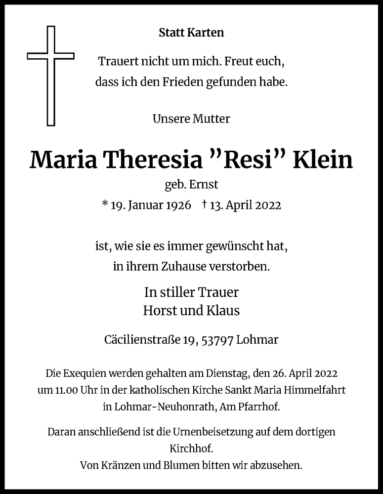  Traueranzeige für Maria Theresia  Klein vom 23.04.2022 aus Kölner Stadt-Anzeiger / Kölnische Rundschau / Express