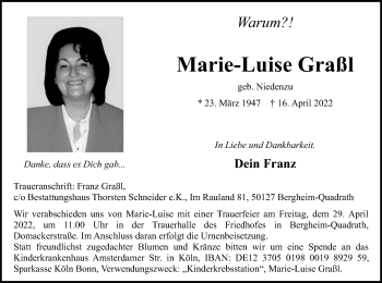 Anzeige von Marie-Luise Graßl von Kölner Stadt-Anzeiger / Kölnische Rundschau / Express