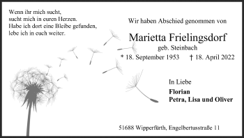 Anzeige von Marietta Frielingsdorf von Kölner Stadt-Anzeiger / Kölnische Rundschau / Express